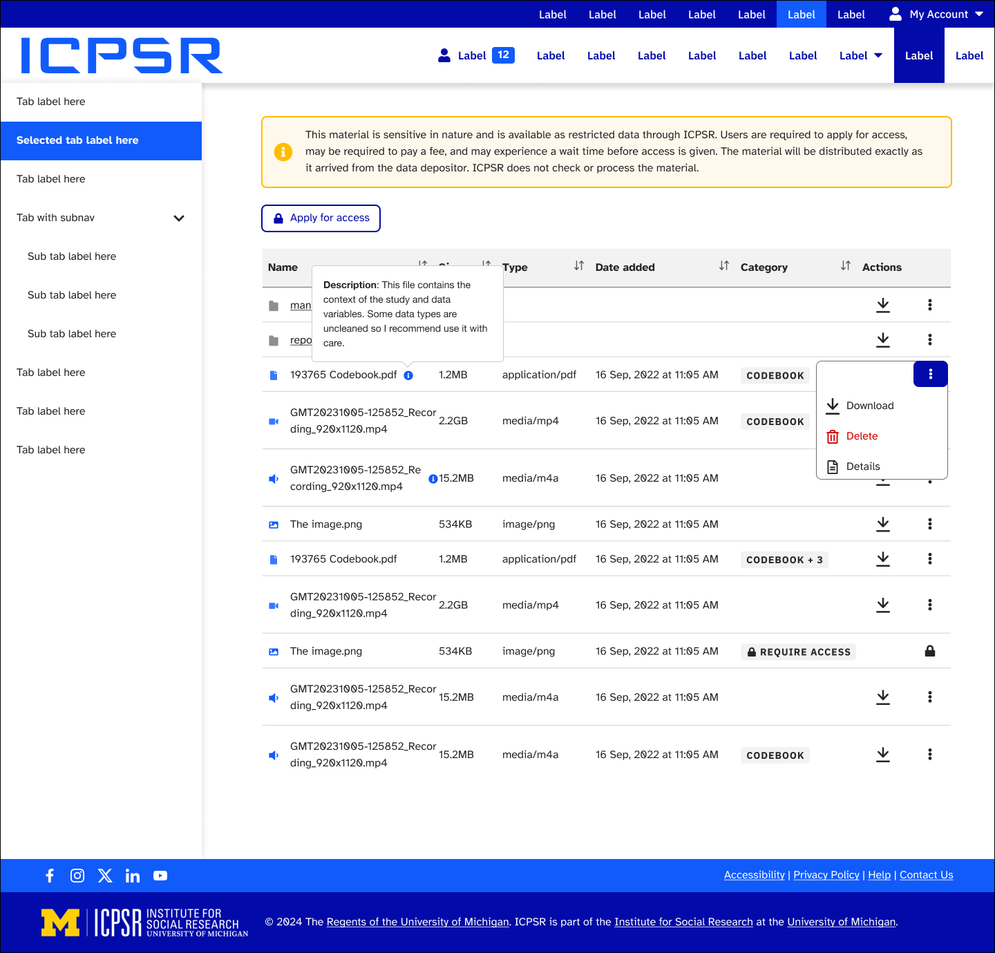 Renewed file browser listing completed files with size, type, date added, category and access labels, download controls, and an open row menu offering download, delete, and details.
