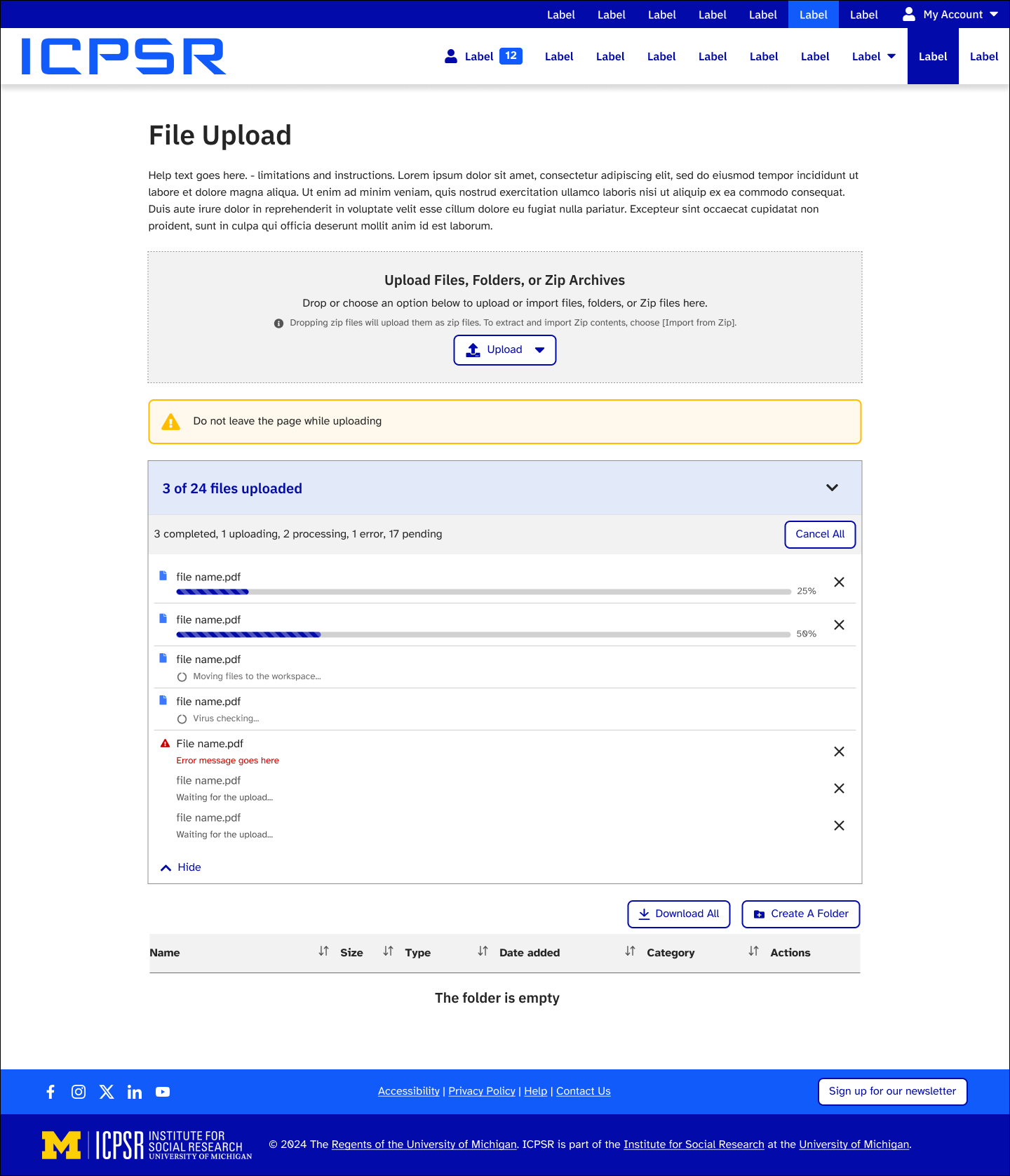 Renewed uploader listing individual files with completed, uploading, processing, error, and pending states beneath a batch summary reading three completed, one uploading, two processing, one error, seventeen pending.