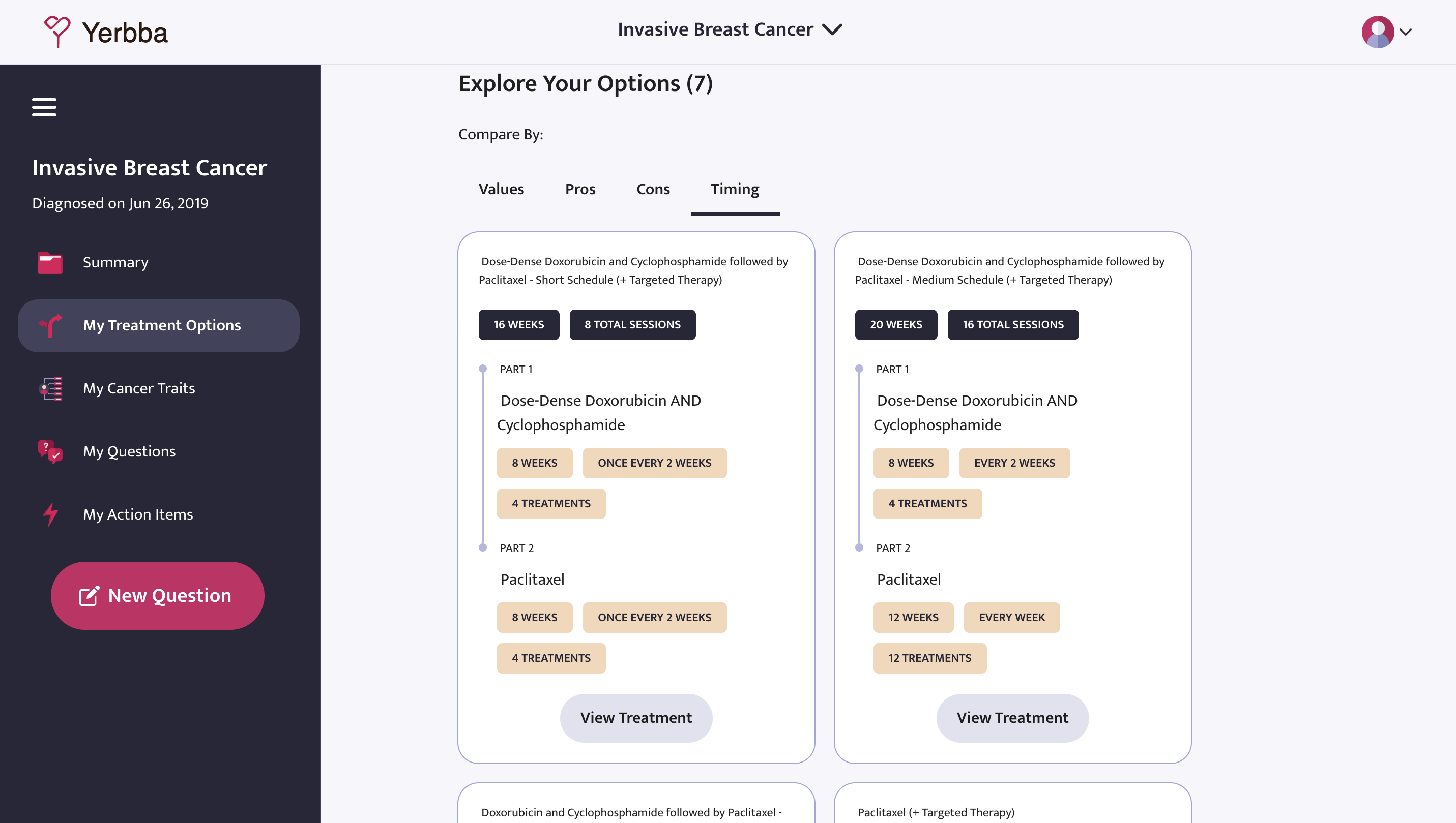 Yerbba's treatment options screen: seven regimens for invasive breast cancer laid out as comparable cards, filtered by timing, each showing schedule length, session count and the drugs in each part of the course.